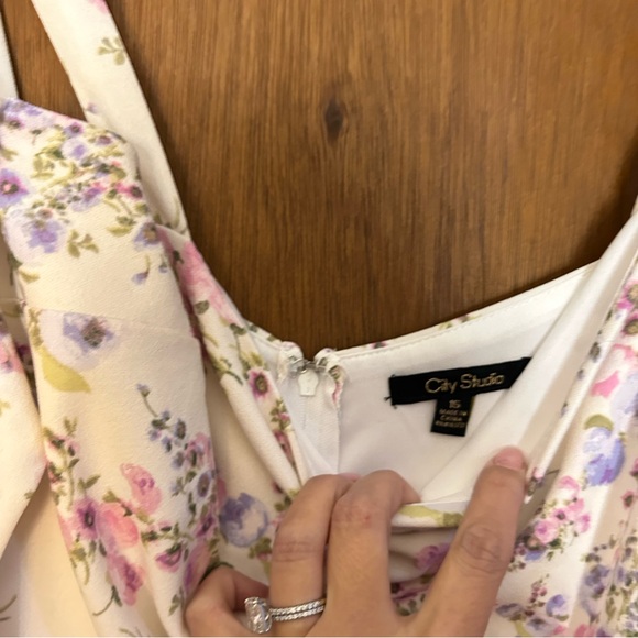City Studio White with Purple Floral Flounce Dress with Back Tie - Picture 4 of 7